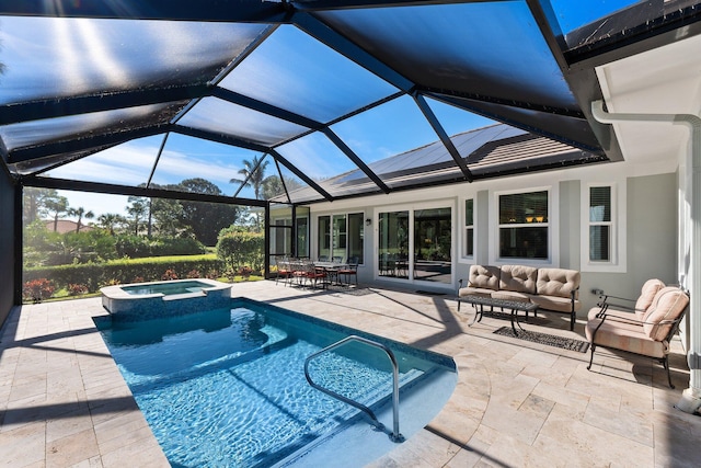 view of swimming pool with an in ground hot tub, an outdoor living space, and a patio area