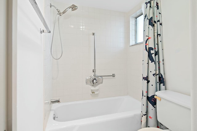 bathroom with toilet and shower / bathtub combination with curtain