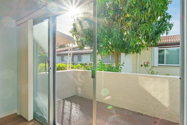 doorway with hardwood / wood-style flooring and plenty of natural light