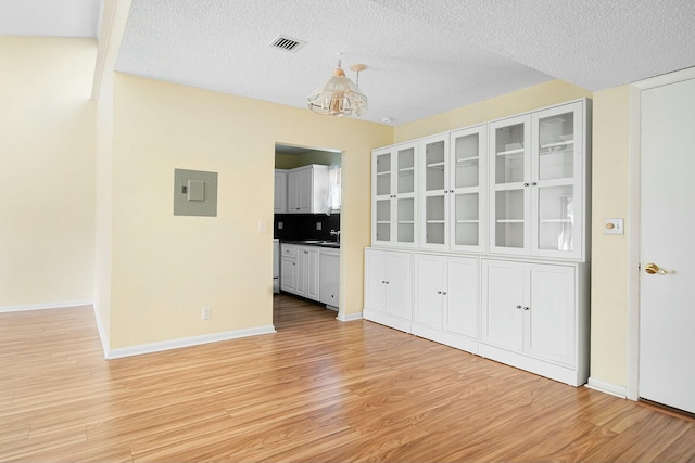 unfurnished living room featuring light wood-type flooring, a textured ceiling, electric panel, and sink