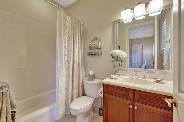 bathroom with shower / tub combo, tile patterned flooring, vanity, and toilet