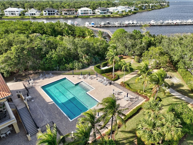 drone / aerial view featuring a water view