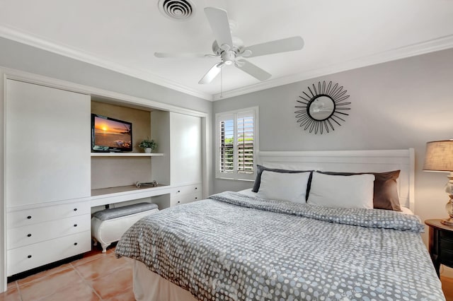 tiled bedroom with ceiling fan and crown molding