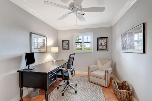 office area with ceiling fan and crown molding