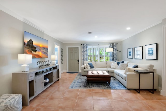 tiled living room with crown molding