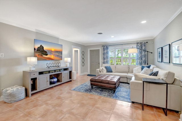 tiled living room featuring crown molding