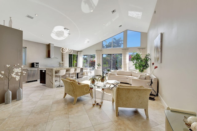 tiled living room featuring high vaulted ceiling