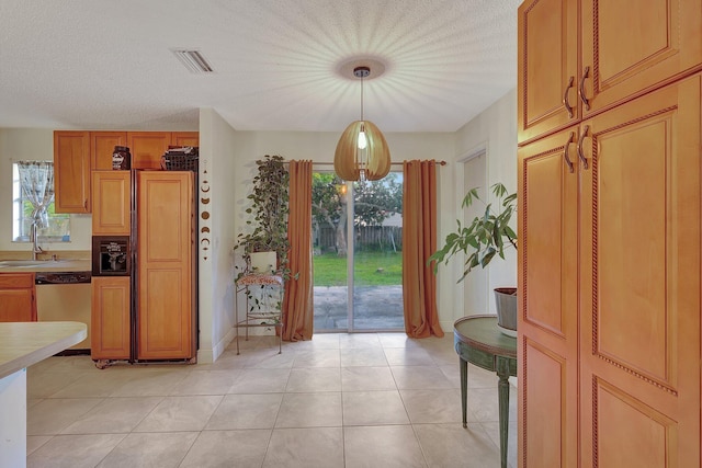 interior space with dishwasher, plenty of natural light, hanging light fixtures, and sink