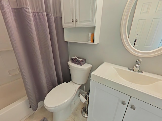 full bathroom with toilet, vanity, tile patterned floors, and shower / tub combo with curtain