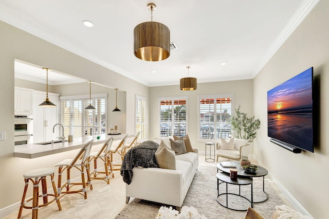 living room with ornamental molding and sink