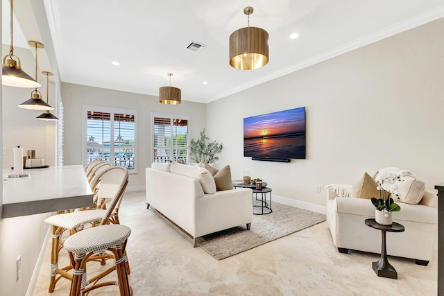 living room with ornamental molding