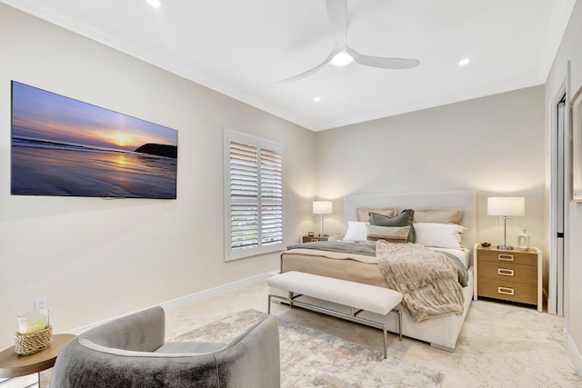 bedroom with ceiling fan and crown molding