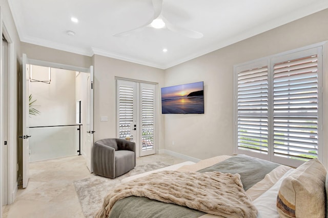 bedroom with access to exterior, french doors, ceiling fan, and ornamental molding