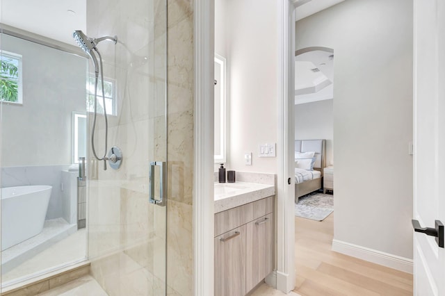 bathroom featuring vanity, plus walk in shower, and wood-type flooring