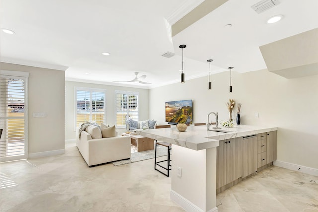 bar featuring decorative light fixtures, ceiling fan, ornamental molding, and light brown cabinetry