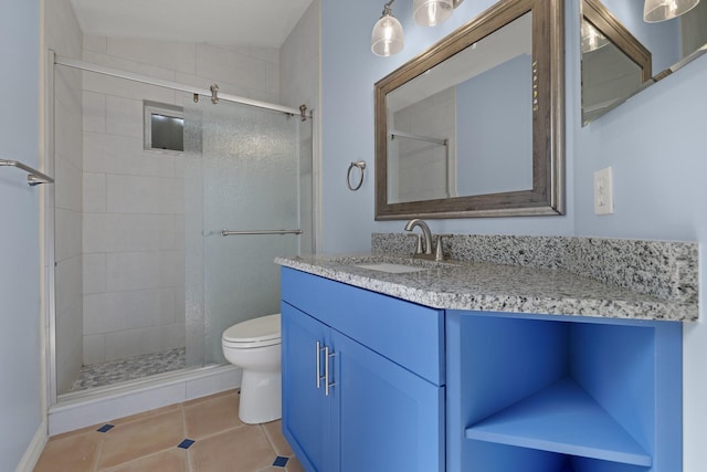 bathroom featuring an enclosed shower, tile patterned floors, vanity, and toilet