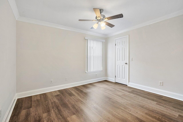 spare room featuring hardwood / wood-style floors, ceiling fan, and ornamental molding