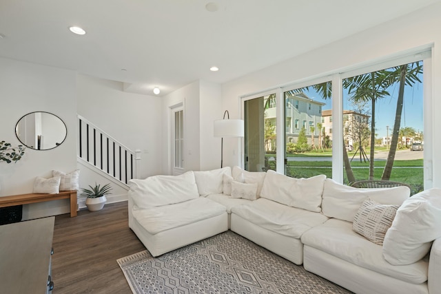 living room with dark hardwood / wood-style flooring