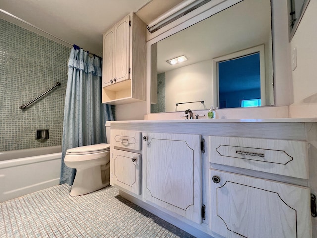 full bathroom with tile patterned floors, vanity, shower / bath combo, and toilet