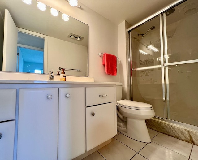 bathroom with tile patterned flooring, vanity, toilet, and an enclosed shower