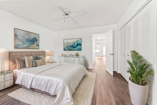 bedroom featuring ceiling fan, dark hardwood / wood-style flooring, and a closet