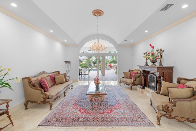 living room featuring a premium fireplace, french doors, crown molding, and an inviting chandelier