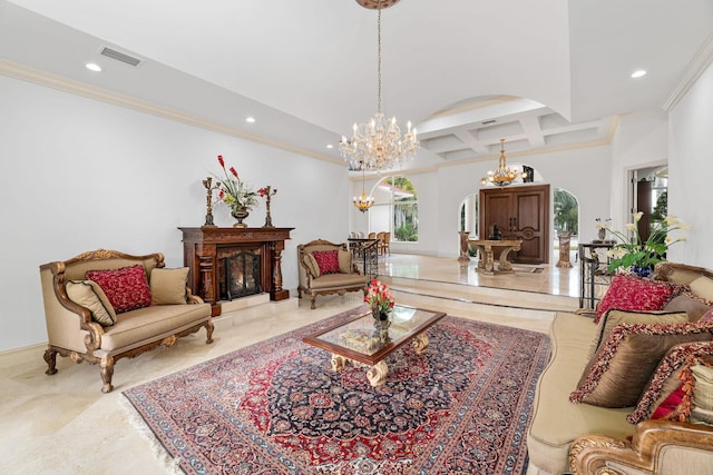 living room with coffered ceiling, crown molding, beam ceiling, a premium fireplace, and a chandelier