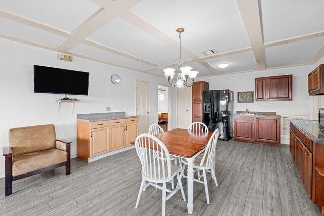 dining room with sink, coffered ceiling, an inviting chandelier, light hardwood / wood-style flooring, and beamed ceiling