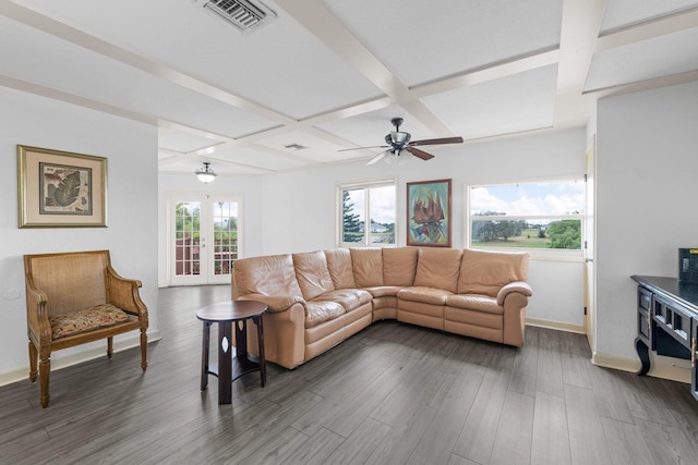 living room featuring ceiling fan, french doors, coffered ceiling, dark hardwood / wood-style flooring, and beamed ceiling