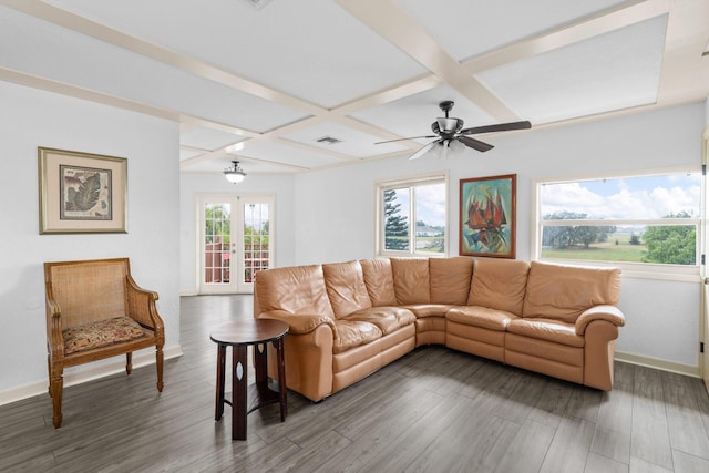 living room featuring beam ceiling, ceiling fan, french doors, coffered ceiling, and dark hardwood / wood-style floors