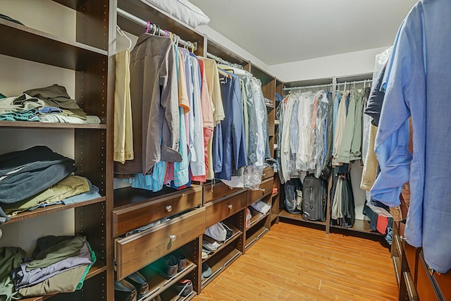 walk in closet with wood-type flooring