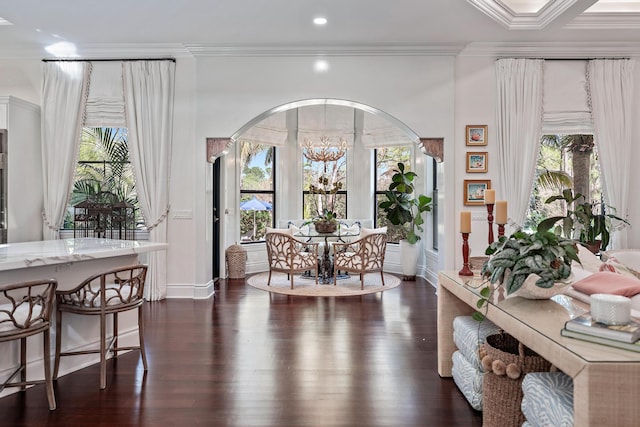 interior space with crown molding, plenty of natural light, a chandelier, and dark wood-type flooring