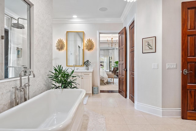 bathroom featuring ornamental molding, tile patterned floors, and independent shower and bath