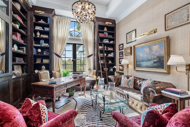 office space with crown molding, built in features, and a chandelier