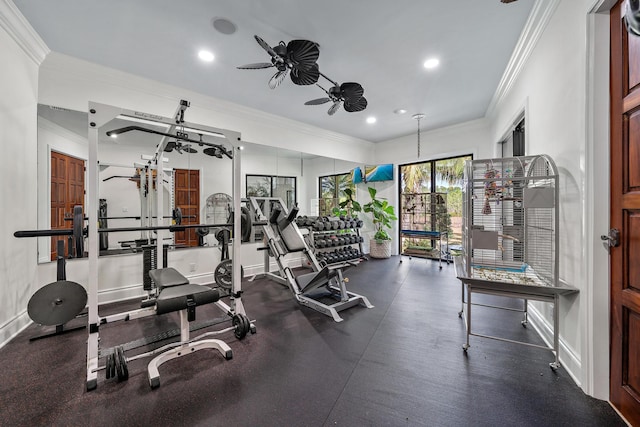 gym featuring crown molding and ceiling fan