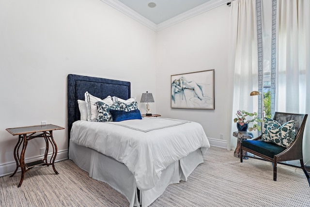 carpeted bedroom with crown molding