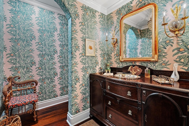 bathroom featuring crown molding, vanity, and hardwood / wood-style flooring