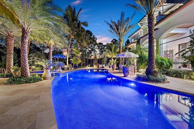 pool at dusk featuring a patio