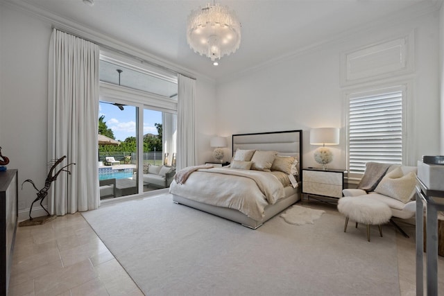 tiled bedroom with access to outside and crown molding