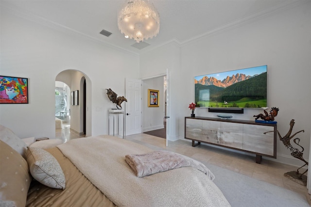 tiled bedroom featuring crown molding