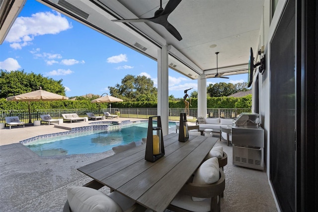 view of swimming pool featuring a patio area, ceiling fan, area for grilling, and an outdoor living space