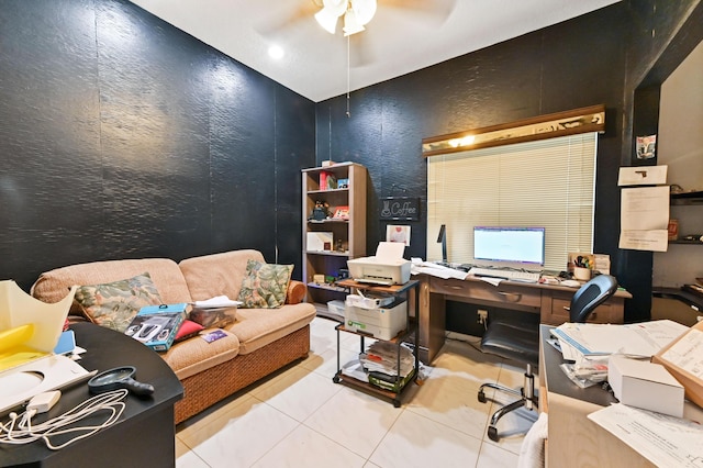 office space with ceiling fan and light tile patterned flooring