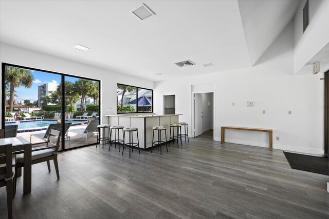 living room featuring a fireplace and dark hardwood / wood-style floors