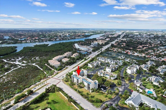 drone / aerial view with a water view