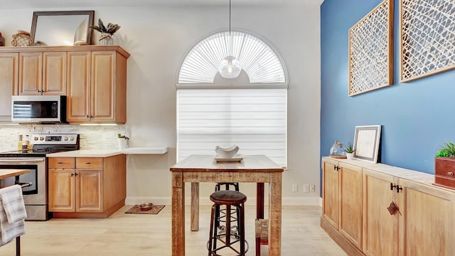 kitchen with appliances with stainless steel finishes, light wood-type flooring, hanging light fixtures, and backsplash