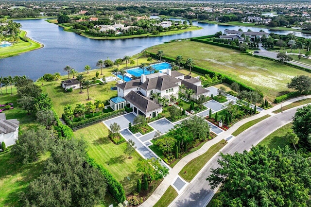 birds eye view of property featuring a water view