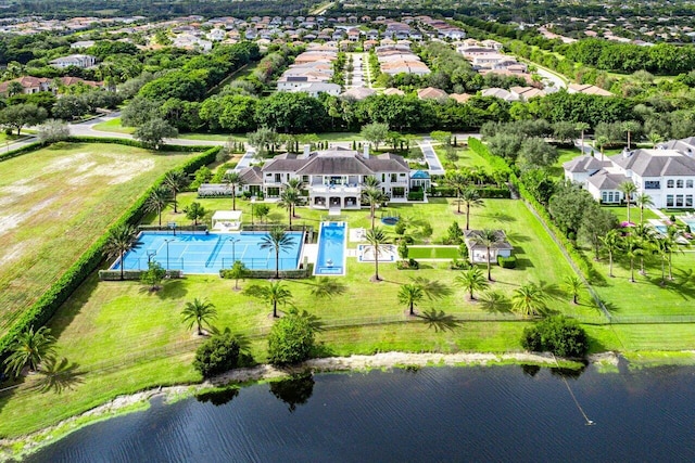 aerial view featuring a water view