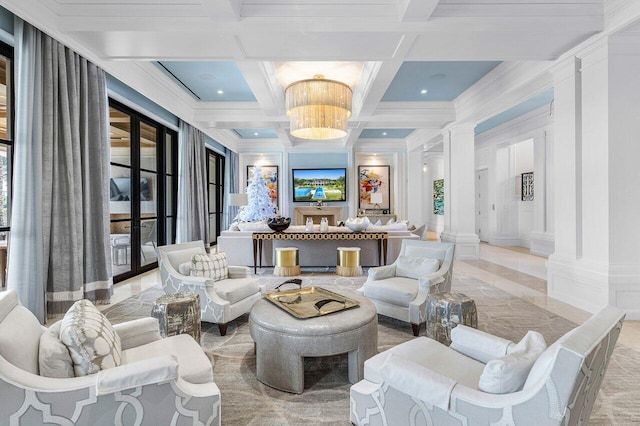 interior space with beamed ceiling, coffered ceiling, crown molding, and ornate columns