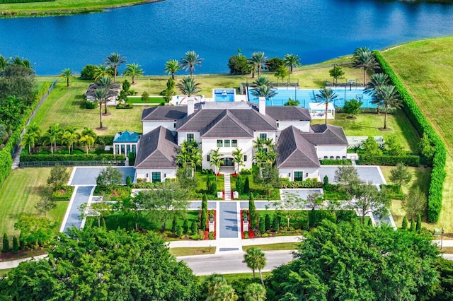 drone / aerial view featuring a water view