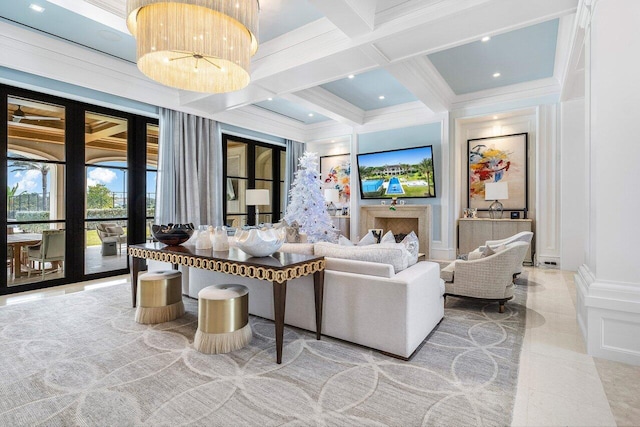 tiled living room with beamed ceiling, coffered ceiling, and crown molding